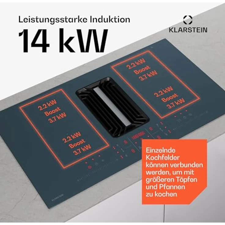 Klarstein AirJet FlexPro Induktionskochfeld mit Dunstabzug - A++ Effizienz, 750 m³/h Luftstrom, 14 kW Leistung, 58 dB, Touch-Steuerung, Flex-Zone, Anthrazit – Bild 4