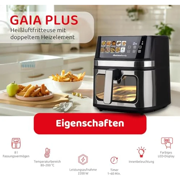 Melchioni GAIA PLUS Heißluftfritteuse, 2200 W, Doppelheizung, 8 Liter Volumen, Metallauskleidung, LED-Display, 10 Programme – Bild 3