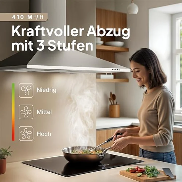 LEVIVO Dunstabzugshaube 90 cm, Umluft & Abluft, 410 m³/h Luftleistung, 2 Aktivkohlefilter, 3 Fettfilter, Wandhaube mit 3 Stufen, Edelstahl – Bild 2