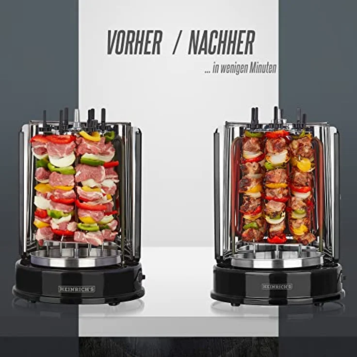Heinrich´s Dönergrill, Schaschlikgrill, Rotissiere Hähnchengrill, Gyros Kebab, 1400 Watt, Drehspieß, aus Edelstahl, inkl. 6 Schaschlikspieße, silber, schwarz – Bild 6