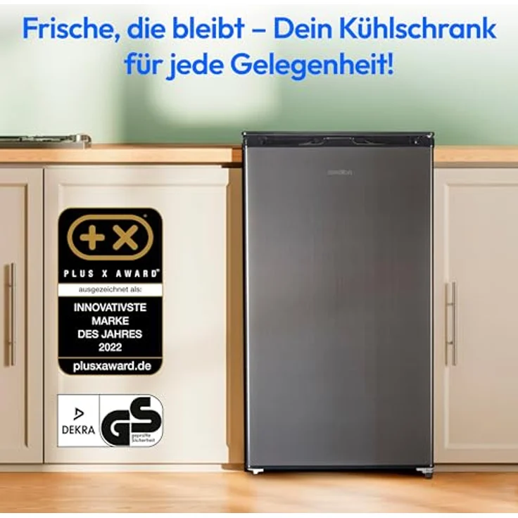 MEDION Kühlschrank mit Eiswürfelfach (90L Gesamt-Nutzinhalt, transparente Gemüseschublade, wechselbarer Türanschlag, grau) – Bild 2