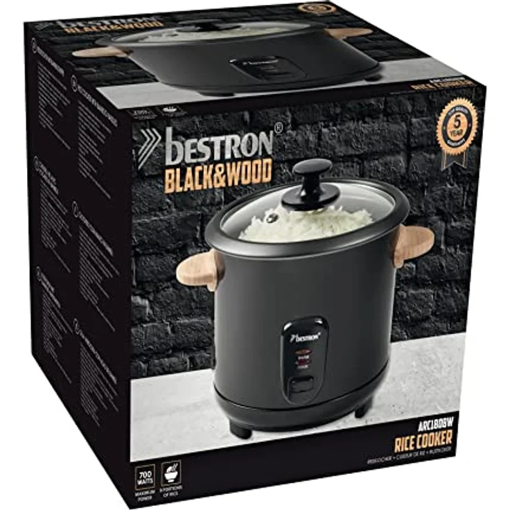 Bestron ARC180BW Reiskocher, 700W, 1,8 Liter, für 8 - 10 Personen, Warmhaltefunktion, inkl. Messbecher, Reiflöffel, mit Bambusgriffen, Kontrollleuchte, Wasserstandsanzeige, antihaftbeschichtet, schwarz-holz – Bild 6