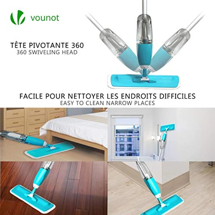VOUNOT Wischer mit sprühfunktion, Sprühwischer mit 650ml Wassertank, Bodenwischer mit Sprühdüse, Spray Mop Wischmopp mit 2-Mikrofaserbezug, Blau – Bild 5