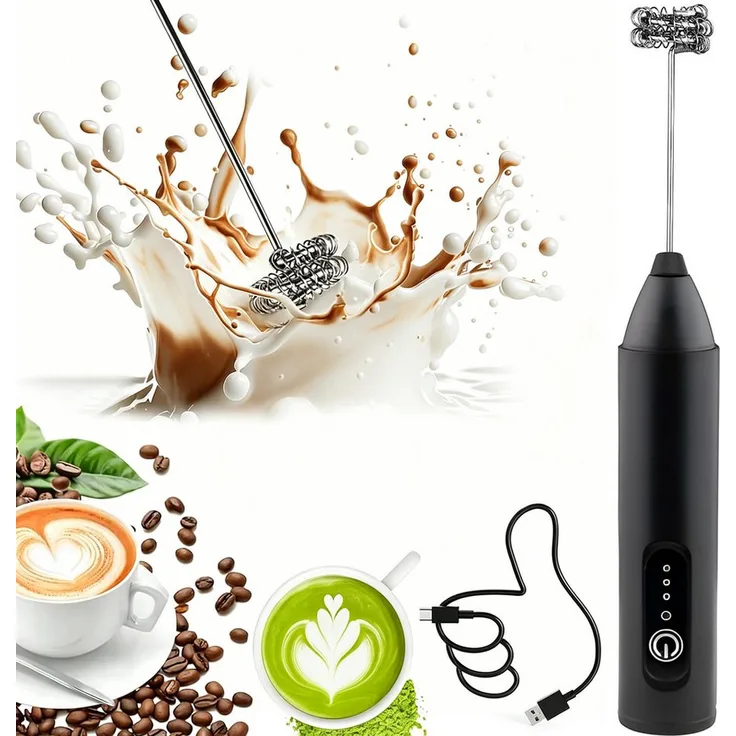 ibettertec Milchaufschäumer Stab, Elektrisch tragbarer Milchschäumer mit Standfuß, batteriebetrieben für Latte, Matcha-Tee, Cappuccino, Edelstahl besen