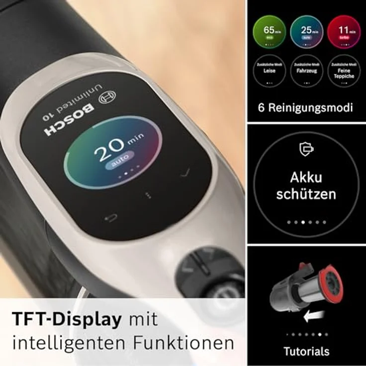 Bosch Akku-Staubsauger Unlimited 10 BKS1051GQC, beutellos, elektrische Universaldüse mit LED-Beleuchtung, Lange Laufzeit, 6 Reinigungsmodi, grau – Bild 4