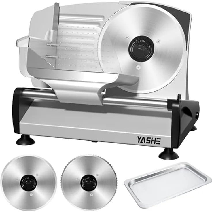YASHE Elektrische Allesschneider mit leisem 200W DC-Motor, duale 19CM Edelstahlklingen, stufenlose Schnittstärke 0-15mm