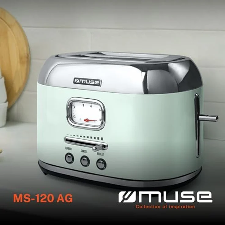 Muse Retro Toaster, 2 Schlitze, 6 Bräunungsstufen, analoge Anzeige, beleuchtete Tasten, Krümelschublade, pastell grün – Bild 2
