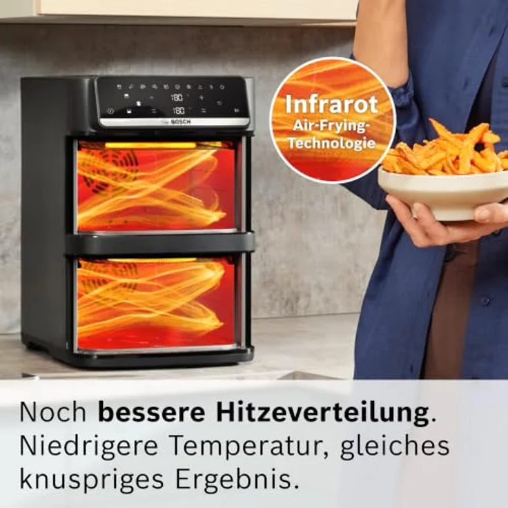 BOSCH Heißluftfritteuse Serie 6 MAFD661B0, XXL, 12L, PFAS-frei, Doppelkammer, 2800 W, platzsparend, einfache Reinigung, 6 Programme, schwarz – Bild 4