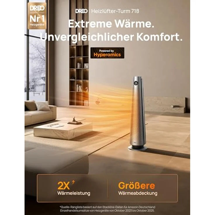 Dreo Heizlüfter 2000W, Elektrische Heizung mit Fernbedienung, 25 dB, 120° Oszillation, Energiesparendes ECO-Modus, Thermostat, Überhitzungs- & Kippschutz – Bild 2