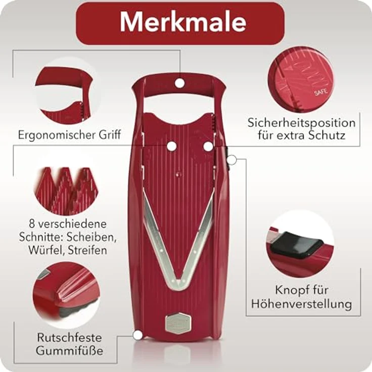 Börner V5 PowerLine Gemüsehobel Starter Set (6-tlg.) • Gemüseschneider (V-Hobel) für Obst & Gemüse + Fruchthalter + Einschübe mit Box • 4 Schnittstärken • Küchenhobel-Set (Rot) – Bild 4