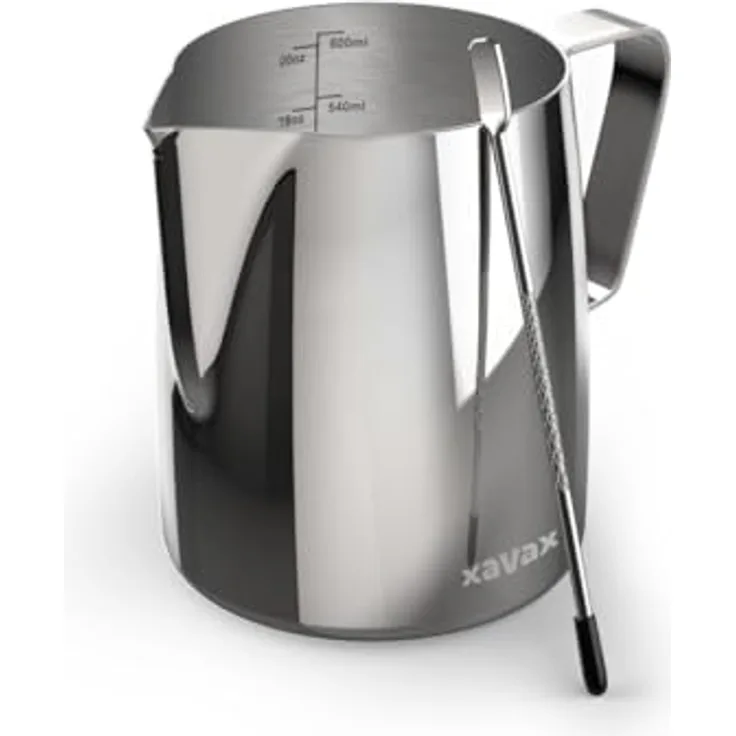 Xavax Barista-Milchkännchen mit Latte Art Pen, Edelstahl, 600 ml, Silber mit präziser Ausgießnase und Füllstandsanzeige