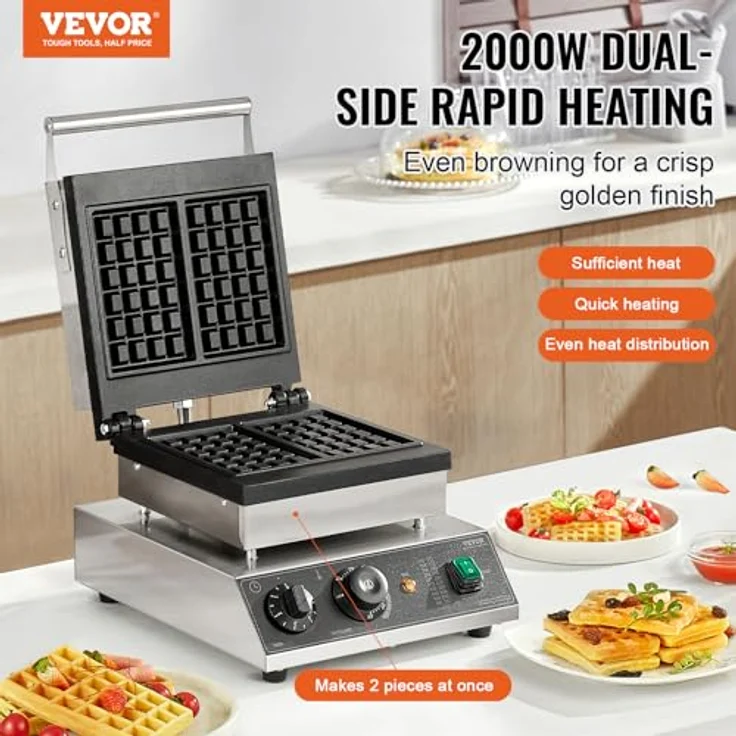 VEVOR kommerzielles Waffeleisen Waffelmaschine 2000 W, antihaftbeschichtetes belgisches Edelstahl Waffeleisen mit Temperatur- und Zeitregelung, für Restaurant Bäckerei Snackbar, 2er Pack – Bild 2