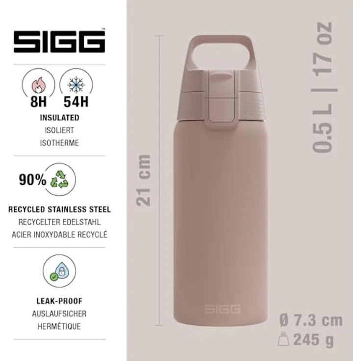 SIGG Shield Therm One Dusk, Isolierte Trinkflasche 0,5L, kohlensäurehaltig, auslaufsicher, spülmaschinenfest, BPA-frei, 90% recycelter Edelstahl, warmes Grau – Bild 2