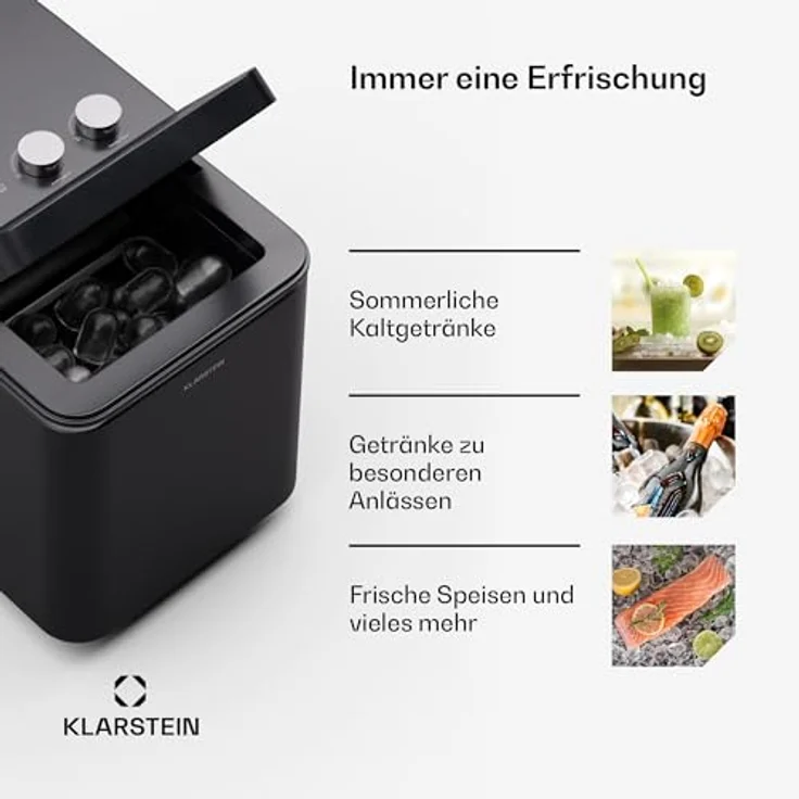 Klarstein IceCraft Eiswürfelmaschine - 12 kg/24 h, 6-Min.-Eiswürfel, 2 Größen, Automatische Reinigung, Eiswürfelbereiter für Küche & Bar, 150 W, Eiswürfelspender, Schwarz – Bild 5