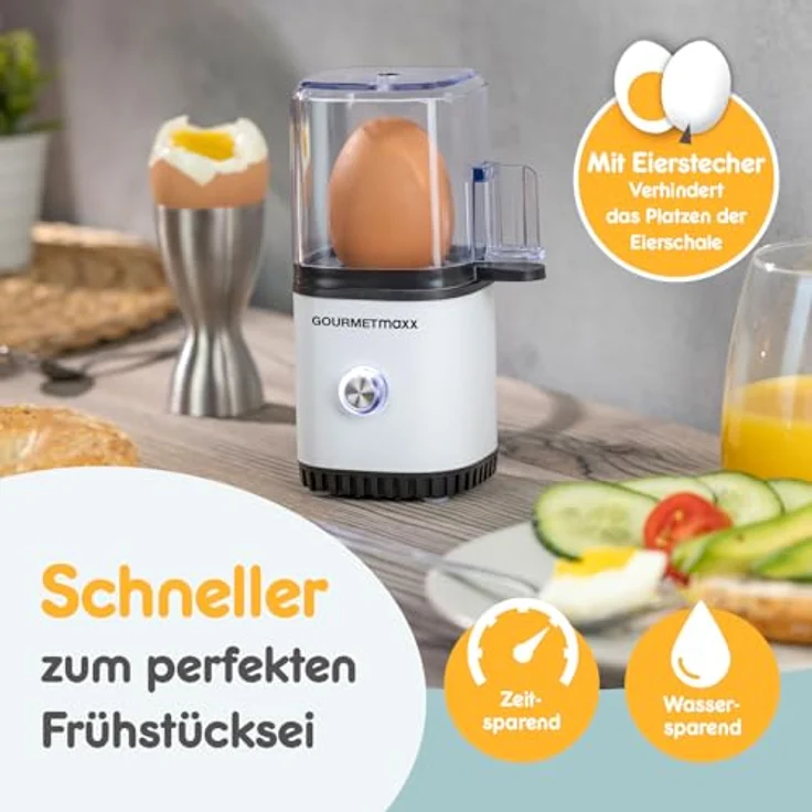 GOURMETmaxx Eierkocher für 1 Ei, Design Eierkocher weiß mit Eierstecher, 3 Härtegrade, spülmaschinenfeste Teile, kompakt und leicht zu reinigen – Bild 5