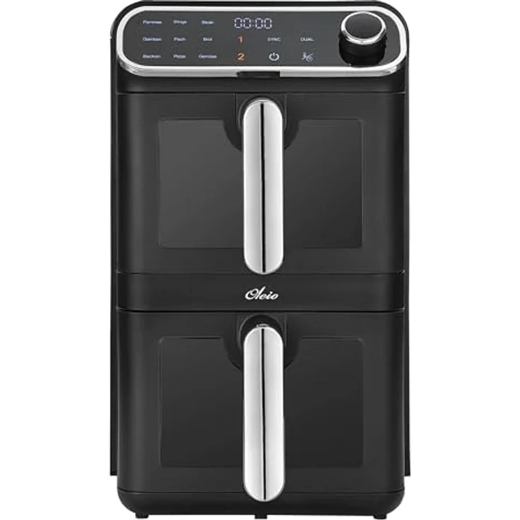 OLEIO Oleio Maestro Heißluftfritteuse Vertikale Doppelkammer, 2460 Watt, 11L, 2 Ebenen, Sichtfenster, Antihaftbeschichtung, spülmaschinenfeste Körbe, platzsparend, energiesparend – Bild 3