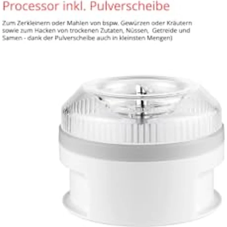ESGE 5080 Zauberstab Prozessor, Stabmixer-Zubehör, inkl. Pulverscheibe, mit zweiflügeligem Edelstahlmesser, zum Zerkleinern, Mahlen oder Hacken von Gewürzen, Kräutern, Nüssen, weiß – Bild 2