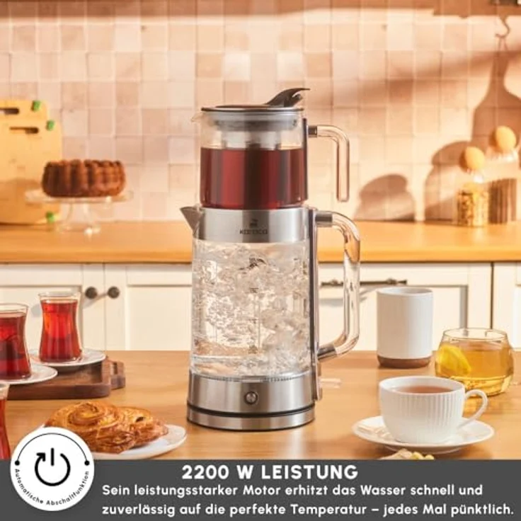 Karaca Luma Glas-Teemaschine, 2200W mit 0,8L Teekanne & 2L Wasserkocher, Warmhaltefunktion, LED-Beleuchtung, für 30 Gläser/13 Tassen, elegantes Glasdesign mit Griffen – Bild 3