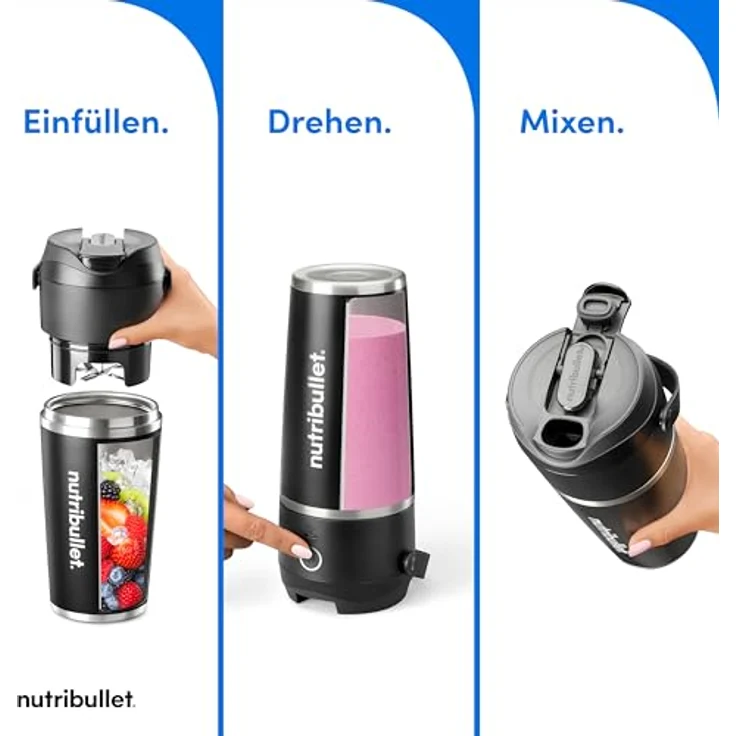 NutriBullet Flip NBP016B tragbarer Mixer, 590ml isolierter Edelstahlbecher, hält bis zu 24 Stunden kalt, mixt auch Eis und Gefrorenes, 2in1, multifunktionaler Mixer, USB-C Ladegerät, Schwarz – Bild 3