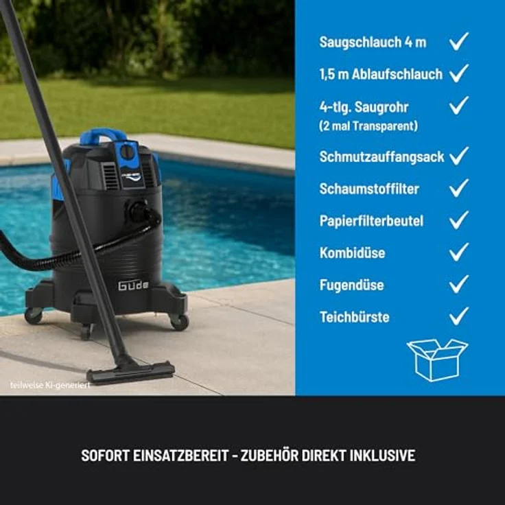 Güde GS 30-1600 3 in 1 Schlammsauger, 1600 Watt, 30 Liter Behälter, 4 Meter Saugschlauch, für Teich- und Poolreinigung – Bild 4
