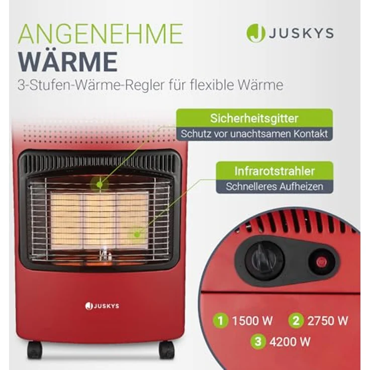 Juskys Heizstrahler GS42US, 4200 W Infrarot-Gasheizung mit 3-Stufen-Wärme-Regler, rot, mobiler Gasheizer mit Sicherheitsstandards – Bild 3
