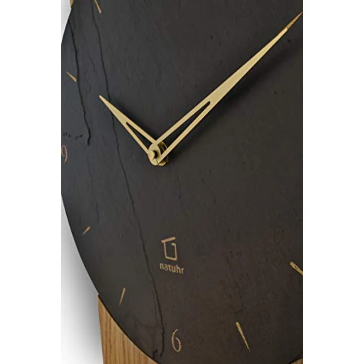 Natuhr Schiefer Wanduhr Steineiche, geräuscharm aus Eichenholz mit dunklem Schiefer und Quarz-Uhrwerk, Made in Germany – Bild 4