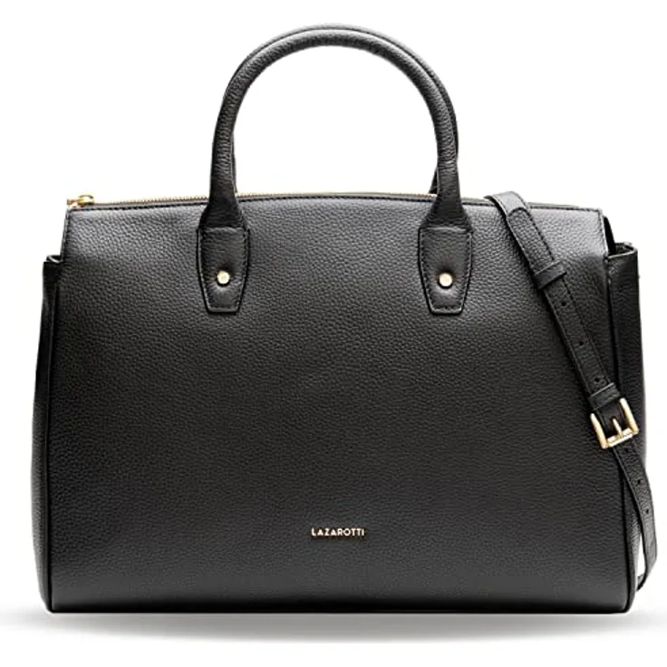 Lazarotti Bologna Leather Handtasche 40 cm, Schwarz - elegantes Design, verstellbarer Schulterriemen, Reißverschluss- und Steckfach