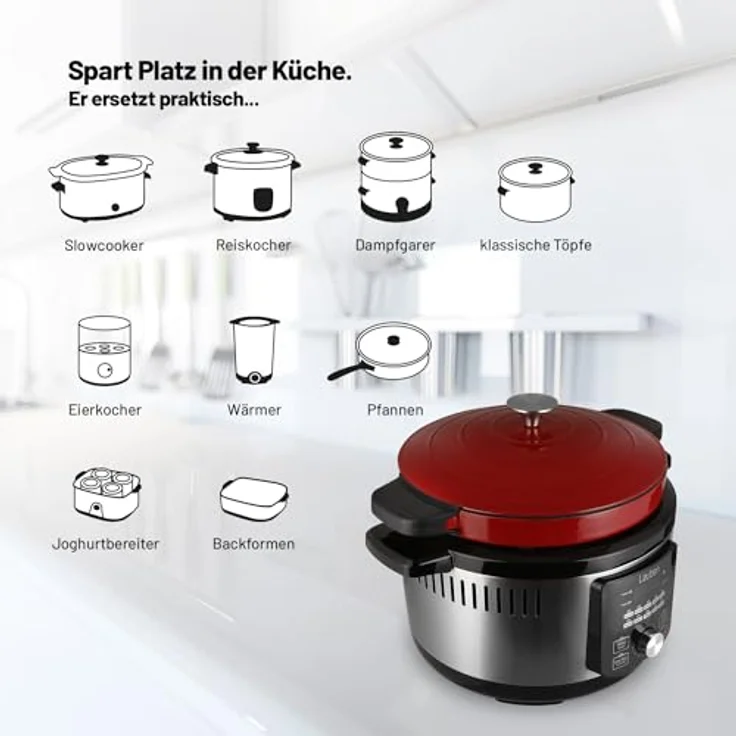 Lauben Multikocher OvenSafe® Multicooker 6000RS, Emaillierter Topf, Ofengeeignet, 1500,00 W, 6,00 l Schüssel, 10 Programme, Dampfgarer, Reiskocher, Gusseisen, Silikonhandschuhe, Silikonunterlage – Bild 3