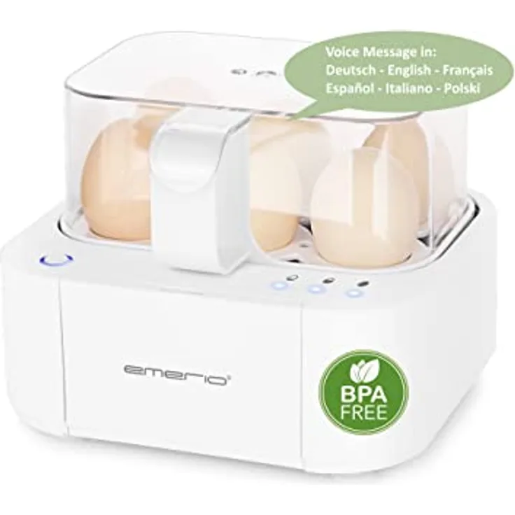 EMERIO ausgezeichnet einzigartiger Eierkocher kocht alle drei Garstufen [weich|mittel|hart] in nur einem Kochvorgang mit perfektem Ergebnis und multilingualer Sprachausgabe in DE EN FR ES IT PL