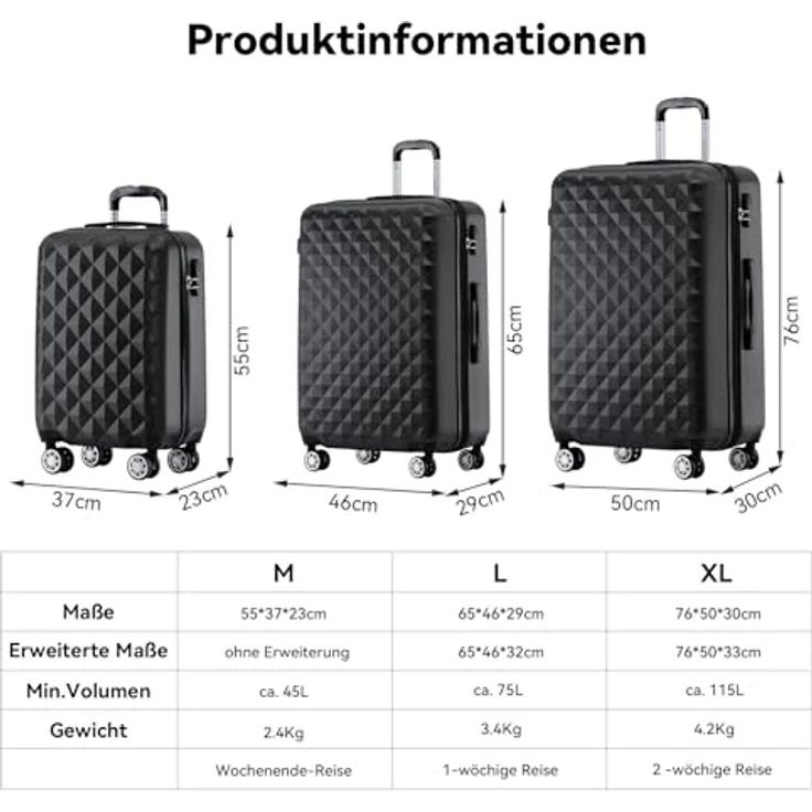 BEIBYE Trolley Koffer Reisekofferset Hartschale Schwarz, 4 Zwillingsrollen, integriertes Sicherheits-Zahlenschloss, Höhenverstellbare Teleskopgriffe, Größen M (55x34x22cm) und XL/L mit Dehnungsfuge – Bild 5
