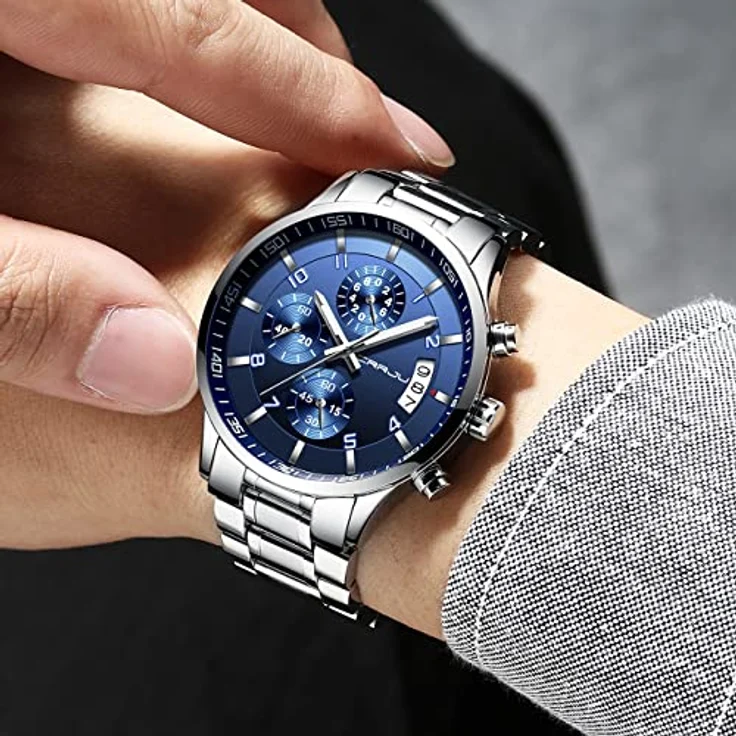 CRRJU Herren Chronograph Armbanduhr, wasserdichte Edelstahl Quarzuhr mit Kalender, Silber Blau – Bild 5