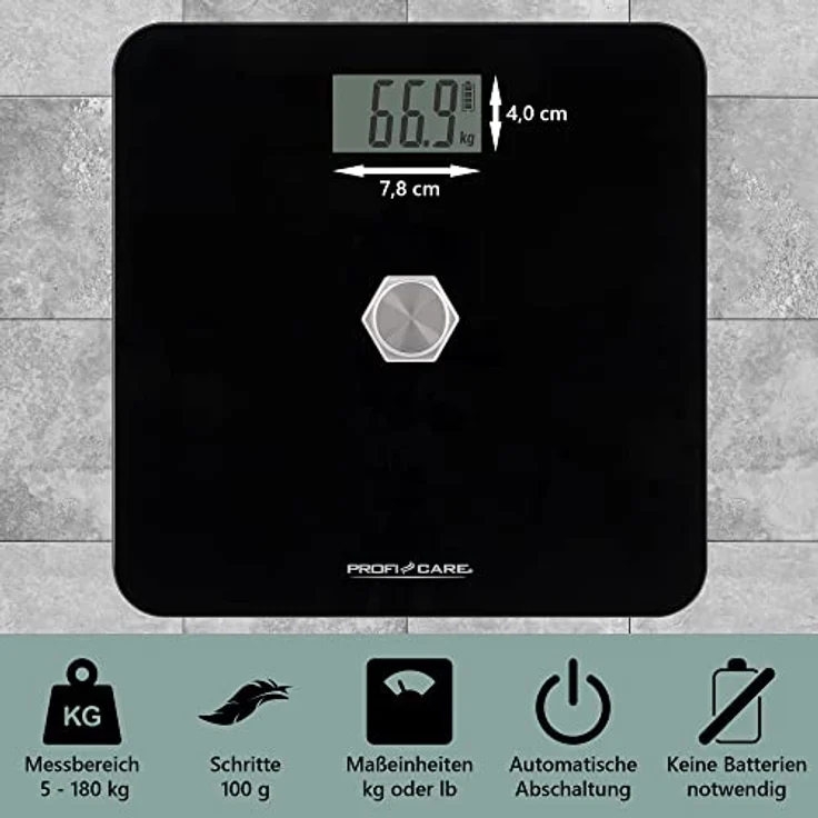 ProfiCare® Personenwaage ohne Batterie, Waage mit Messbereich von 5g – 180 kg und großem LCD-Display, Personenwaage digital mit kinetischer Energie und Glasoberfläche – PC-PW 3112 schwarz – Bild 4