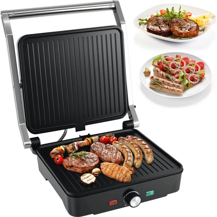 OZAVO 3-in-1 Kontaktgrill, Elektrischer Tischgrill mit 2000 W, Antihaftbeschichteten Platten, 180° Öffnung, Edelstahl Design