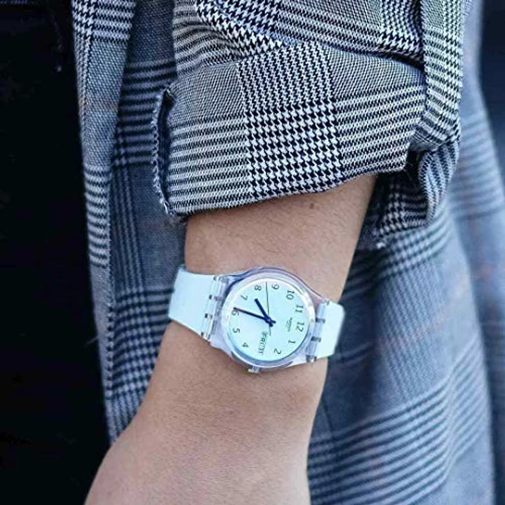 Swatch Damen Analog Quarz Uhr mit Silikon Armband GE713, hellblau/weißes Silikonarmband, rosa-hellblaues Ziffernblatt – Bild 3