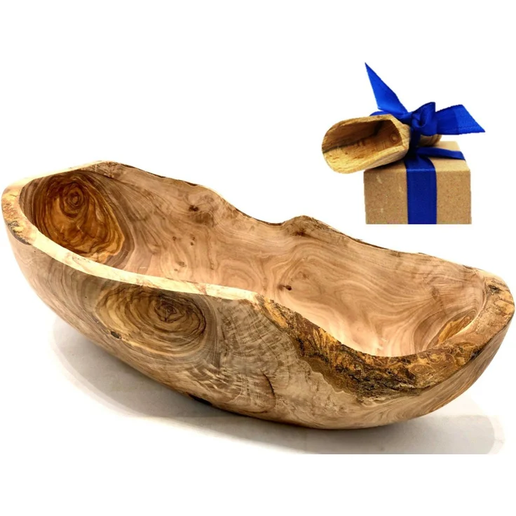 Olivenholz-erleben Obstschale oval, rustikale Massivholzschale aus Olivenholz, 25-29 cm, einzigartiges Unikat mit natürlicher Maserung