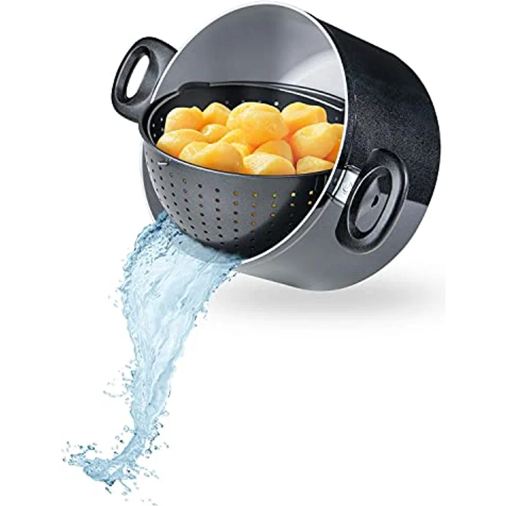 Genius Cerafit Magic Pot Kochtopf-Set 24cm - Topf 6,4l mit Siebeinsatz & Glasdeckel für einfaches Kochen, Abgießen & Servieren | keramikbeschichteter Nudeltopf für alle Herdarten, Schwarz, A24662 – Bild 5