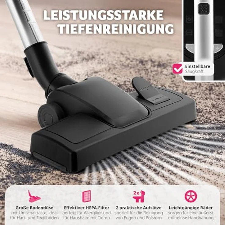 tectake® Staubsauger beutellos, VC900, 900 W, Stark, Tierhaarstaubsauger mit HEPA-Filter, Teleskopstange, Easy Clean, für Teppich und Hartboden – Bild 4