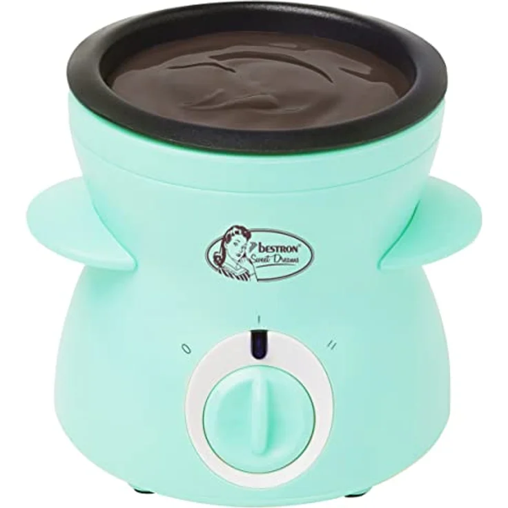 Bestron Schokoladen Fondue für 2 Personen, Mini-Schokofondue-Set, inkl. 10xSpieße, 10xGabeln und 1xSpachtel, 25Watt, Farbe: Mint – Bild 1