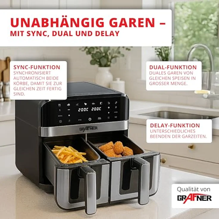 Grafner XXL Digitale Heißluftfritteuse 2 Kammern, 9 L, 2400 Watt, Edelstahl, Touchscreen, 8 Programme, Sync- und Dual-Funktion, Shake-Reminder, inkl. 100x Backpapier – Bild 2