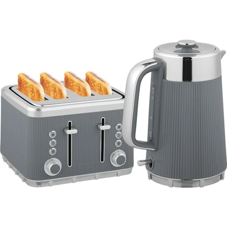HOMCOM Wasserkocher-Toaster Set, 1,7L Wasserkocher und 4-Scheiben-Toaster in Grau/Silber, mit Thermostat und 7 Bräunungsstufen – Bild 1