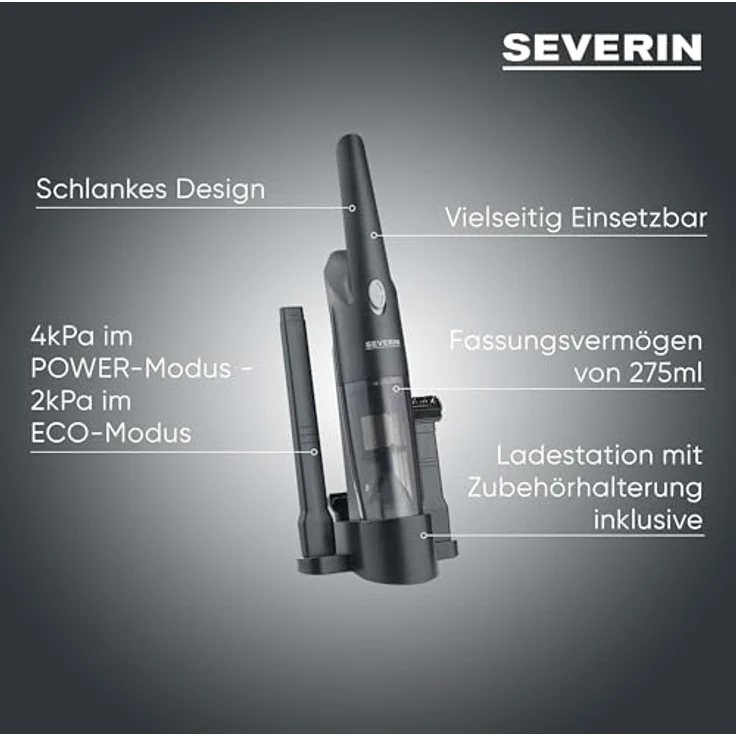 SEVERIN HV 7132, 3-in-1 Handstaubsauger Akku mit bis zu 25 Minuten Laufzeit, Nass- & Trockensauger, schlankes Design, schwarz, inkl. Gummidüse und Möbelaufsatz – Bild 2