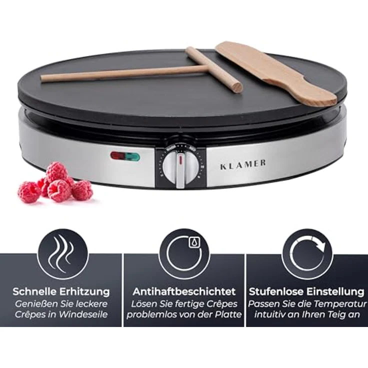 KLAMER Crêpesmaker 30 cm, 1400 W, Antihaftbeschichtung, stufenlose Temperatureinstellung, inkl. Teigverteiler und Wender – Bild 3