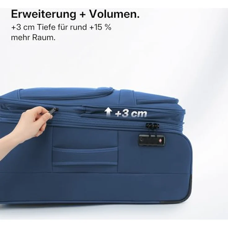 Münicase Stoffkoffer L (69 cm) erweiterbar, 15% Extra-Volumen, TSA-Schloss, 360° Doppelrollen, Dunkelblau mit Frontfächern und verdecktem Namensschild – Bild 4