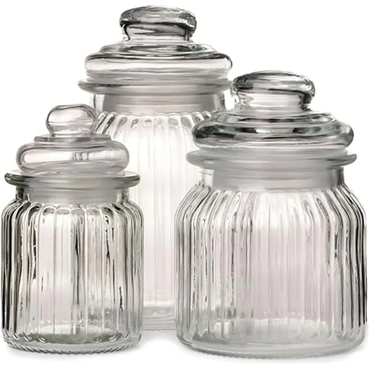 Annastore 3-tlg. Set Vorratsgläser mit Deckel in geriffelter Form, H 18 cm + H 14 cm + H 13 cm, luftdicht, spülmaschinengeeignet, Vintage-Design – Bild 2