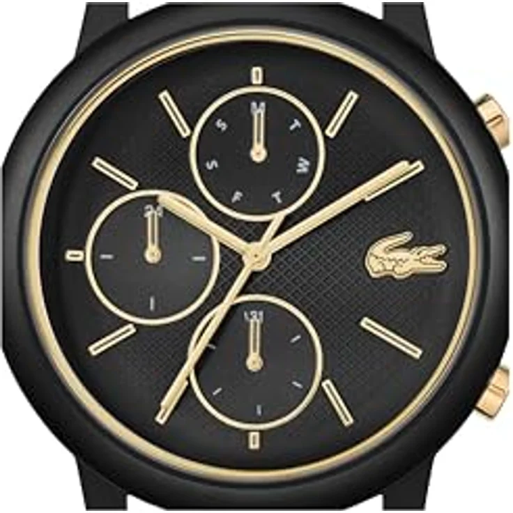 Lacoste.12.12 Move, Multifunktionsuhr für Herren mit schwarzem Silikonarmband, 42mm Aluminiumgehäuse, schwarzes Zifferblatt mit goldenen Akzenten, 5 ATM wasserdicht – Bild 2