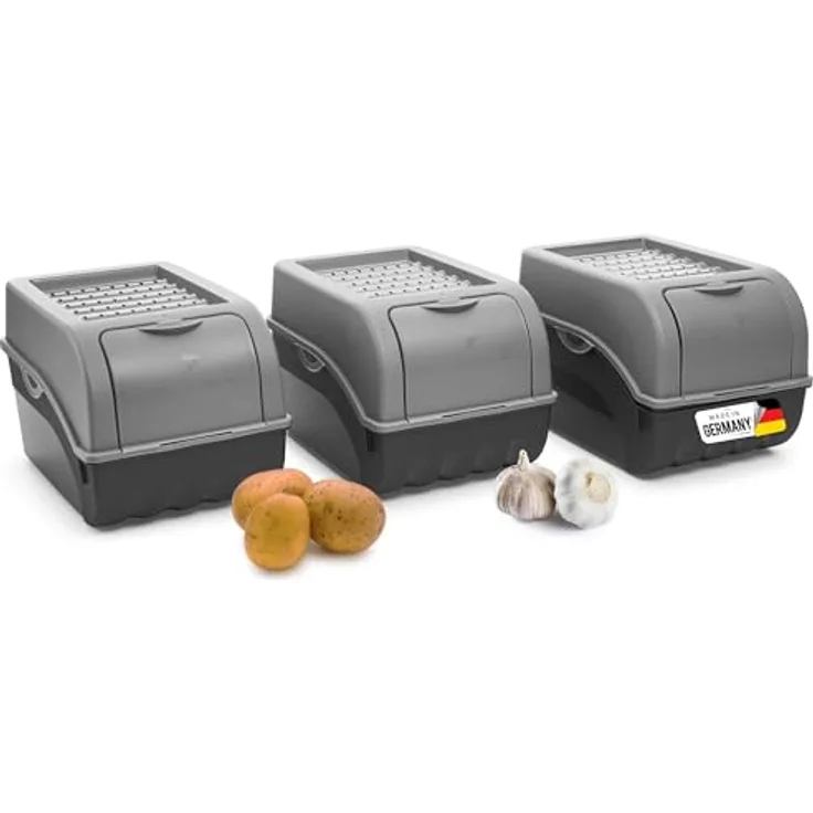 Novaliv Kartoffel Aufbewahrungsbox, 3x mittel 5L, grau, stapelbare Gemüsebox mit Belüftungslöchern für längere Frische