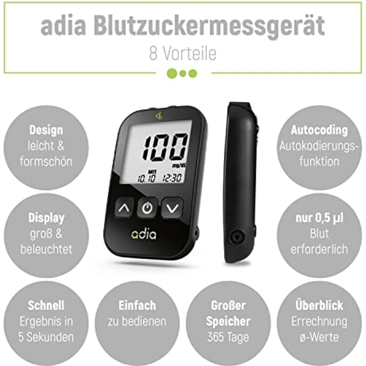 adia Diabetes-Starter-Set inkl. Blutzuckermessgerät (mg/dl) mit 110 Blutzuckerteststreifen, Stechhilfe und Lanzetten – Einfache Selbstkontrolle bei Diabetes – Bild 3