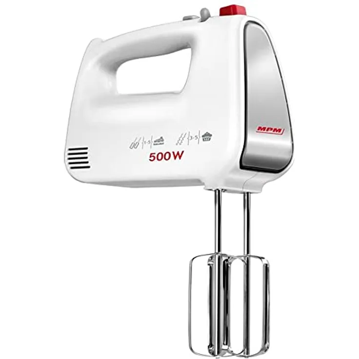 MPM MMR-19 Handrührer, 500W Handmixer mit 5 Geschwindigkeitsstufen + Turbo, Edelstahl-Knethaken und -Schneebesen