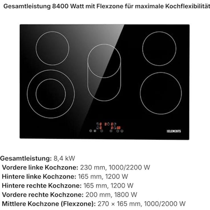 KB Elements Glaskeramikkochfeld ELK107PR, 8400 Watt, 5 Kochfelder, Flexzone, digitale Touchsteuerung, Sicherheitsfunktionen – Bild 6