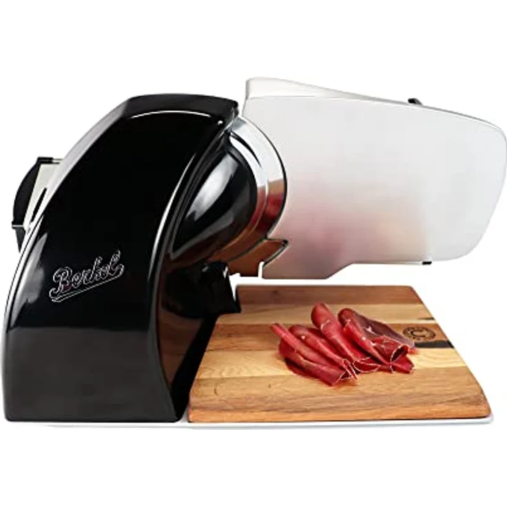Berkel Aufschnittmaschine Home Line 200 Plus, Küchenschneidemaschine in schwarz mit 19,5 cm Schneideblatt, inkl. Messerabnehmer und handgefertigtem Fassholzbrett Unikat - Sonderangebot – Bild 4